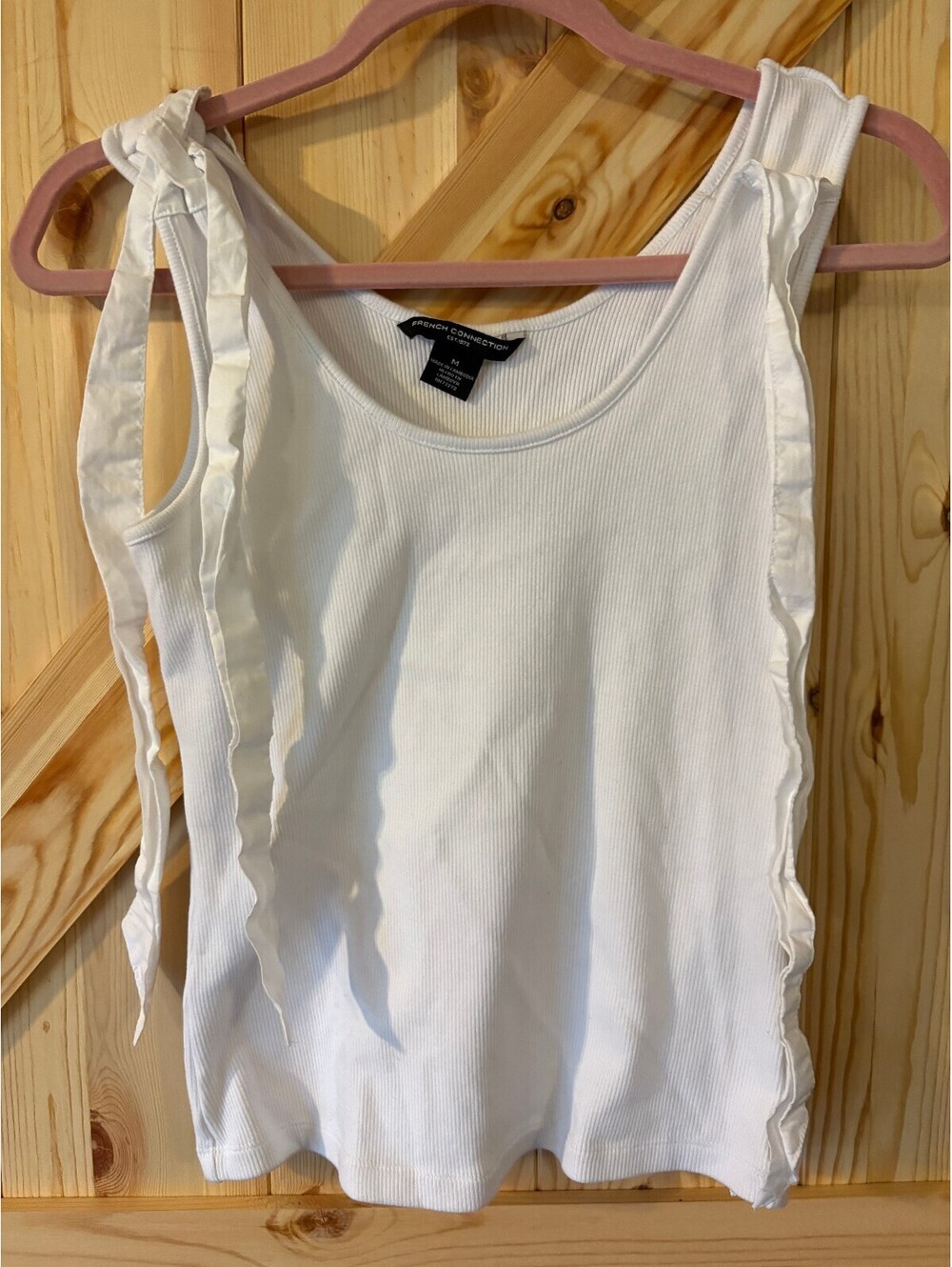French Connection White Ribbed Tank Top with Shoulder Ribbon Detail, Size M